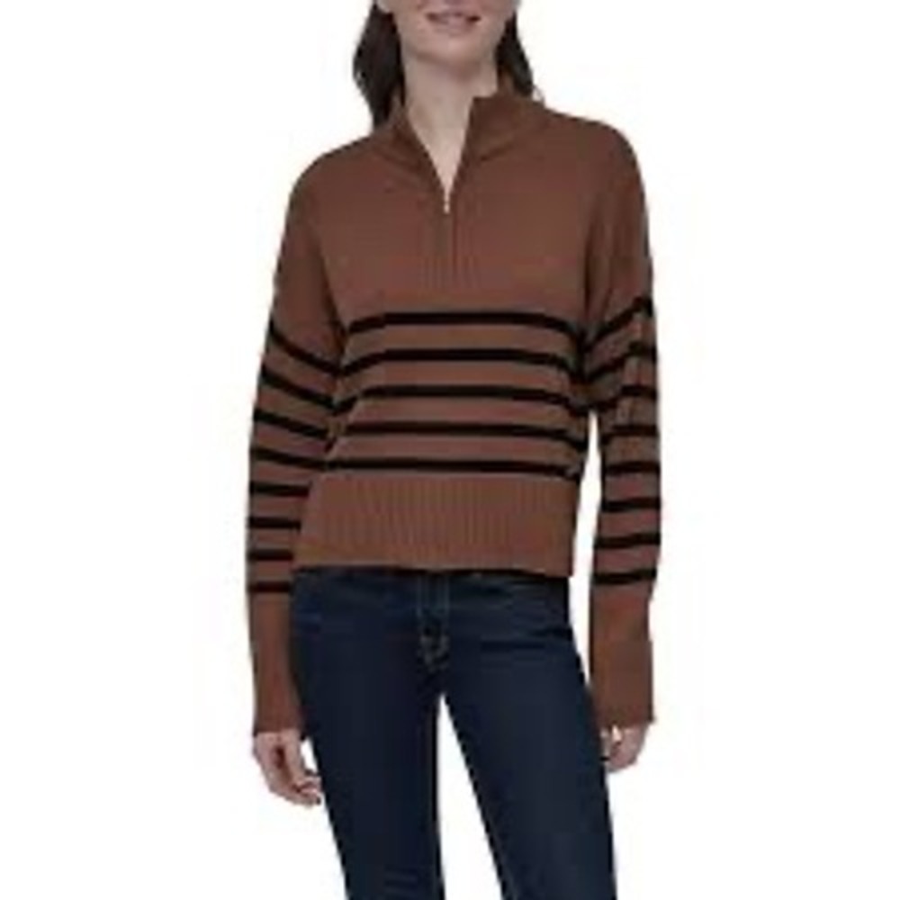 DKNY‎ Womens XXL Brown Striped Quarter Zip Mock Neck Sweater m NWT